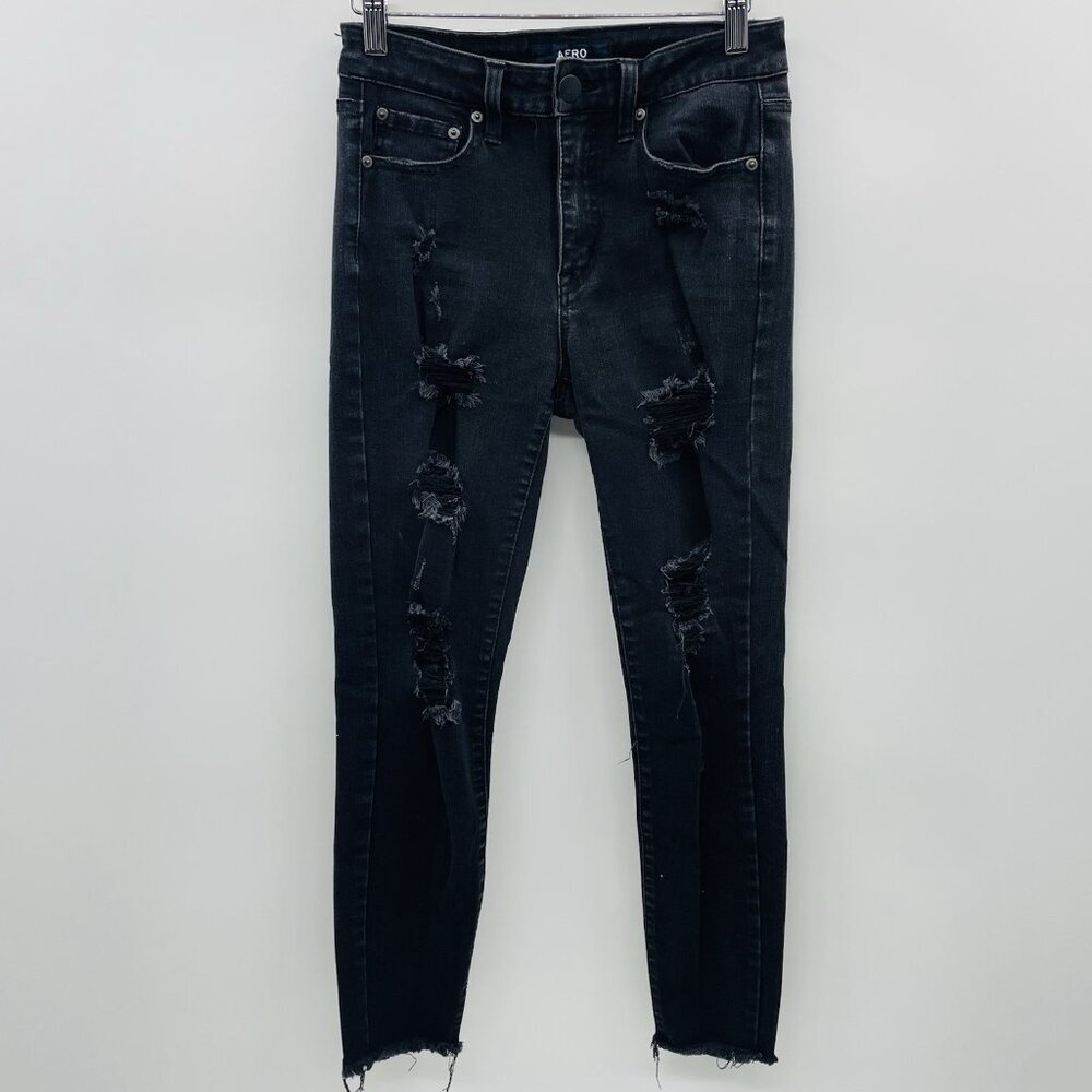 Aeropostale Womens Size 6 Distressed Skinny Leg Jeans with Raw Hem in Black